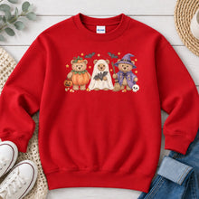 Load image into Gallery viewer, Teddy Bears In Costumes Halloween design on Red crewneck sweatshirt