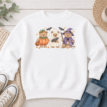Load image into Gallery viewer, Teddy Bears In Costumes Halloween design on White crewneck sweatshirt