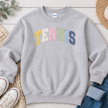 Load image into Gallery viewer, Tennis Patterned Letters Sports design on Ash Grey crewneck sweatshirt