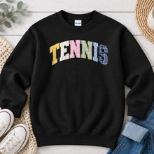 Load image into Gallery viewer, Tennis Patterned Letters Sports design on Black crewneck sweatshirt