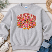 Load image into Gallery viewer, Thankful Turkey Pink Bow Thanksgiving design on Ash Grey crewneck sweatshirt