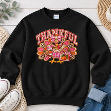 Load image into Gallery viewer, Thankful Turkey Pink Bow Thanksgiving design on Black crewneck sweatshirt