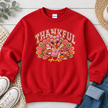 Load image into Gallery viewer, Thankful Turkey Pink Bow Thanksgiving design on Red crewneck sweatshirt