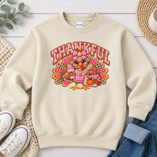 Load image into Gallery viewer, Thankful Turkey Pink Bow Thanksgiving design on Sand crewneck sweatshirt