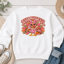 Load image into Gallery viewer, Thankful Turkey Pink Bow Thanksgiving design on White crewneck sweatshirt