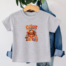 Load image into Gallery viewer, Thanksgiving Cutest Little Turkey design on heather grey kids t-shirt