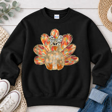 Load image into Gallery viewer, Give Thanks Watercolor Turkey Dalmatian Bow Thanksgiving design on Black crewneck sweatshirt