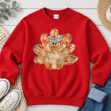 Load image into Gallery viewer, Give Thanks Watercolor Turkey Dalmatian Bow Thanksgiving design on Red crewneck sweatshirt