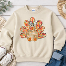 Load image into Gallery viewer, Give Thanks Watercolor Turkey Dalmatian Bow Thanksgiving design on Sand crewneck sweatshirt