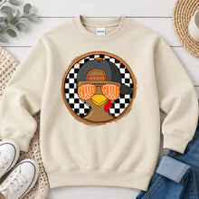Load image into Gallery viewer, Gobble Gobble Cap Checkered Thanksgiving design on Sand crewneck sweatshirt
