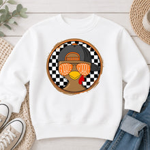 Load image into Gallery viewer, Gobble Gobble Cap Checkered Thanksgiving design on White crewneck sweatshirt