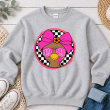 Load image into Gallery viewer, Gobble Gobble Pink Bow Checkered Thanksgiving design on Ash Grey crewneck sweatshirt