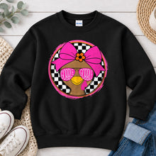 Load image into Gallery viewer, Gobble Gobble Pink Bow Checkered Thanksgiving design on Black crewneck sweatshirt