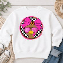 Load image into Gallery viewer, Gobble Gobble Pink Bow Checkered Thanksgiving design on White crewneck sweatshirt