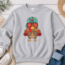 Load image into Gallery viewer, Gobble Gobble Turkey Boy Cap Thanksgiving design on Ash Grey crewneck sweatshirt