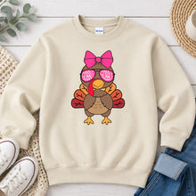 Load image into Gallery viewer, Gobble Gobble Turkey Girl Bow Thanksgiving design on Sand crewneck sweatshirt