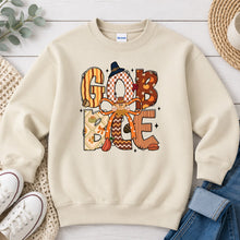 Load image into Gallery viewer, Gobble Patchwork Thanksgiving design on Sand crewneck sweatshirt
