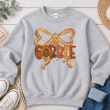 Load image into Gallery viewer, Gobble Turkey Bow Thanksgiving design on Ash Grey crewneck sweatshirt