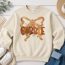 Load image into Gallery viewer, Gobble Turkey Bow Thanksgiving design on Sand crewneck sweatshirt