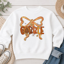 Load image into Gallery viewer, Gobble Turkey Bow Thanksgiving design on White crewneck sweatshirt