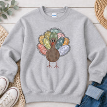 Load image into Gallery viewer, Pastel Turkey Thanksgiving design on Ash Grey crewneck sweatshirt