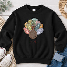 Load image into Gallery viewer, Pastel Turkey Thanksgiving design on Black crewneck sweatshirt
