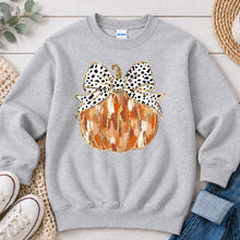 Load image into Gallery viewer, Pumpkin Dalmatian Bow Thanksgiving design on Ash Grey crewneck sweatshirt