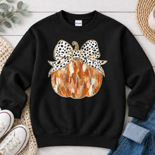 Load image into Gallery viewer, Pumpkin Dalmatian Bow Thanksgiving design on Black crewneck sweatshirt