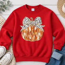 Load image into Gallery viewer, Pumpkin Dalmatian Bow Thanksgiving design on Red crewneck sweatshirt