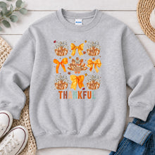 Load image into Gallery viewer, Thankful Pumpkins Turkey Bows Thanksgiving design on Ash Grey crewneck sweatshirt