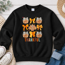 Load image into Gallery viewer, Thankful Pumpkins Turkey Bows Thanksgiving design on Black crewneck sweatshirt