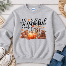 Load image into Gallery viewer, Thankful Vibes Thanksgiving design on Ash Grey crewneck sweatshirt