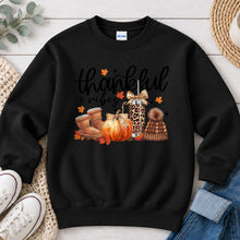 Load image into Gallery viewer, Thankful Vibes Thanksgiving design on Black crewneck sweatshirt