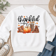Load image into Gallery viewer, Thankful Vibes Thanksgiving design on White crewneck sweatshirt