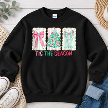 Load image into Gallery viewer, Tis The Season Pink Trees Christmas design on Black crewneck sweatshirt