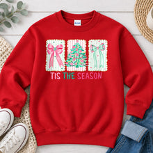Load image into Gallery viewer, Tis The Season Pink Trees Christmas design on Red crewneck sweatshirt