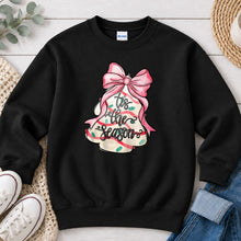 Load image into Gallery viewer, Tis The Season Tree Bell Christmas design on Black crewneck sweatshirt