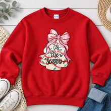 Load image into Gallery viewer, Tis The Season Tree Bell Christmas design on Red crewneck sweatshirt