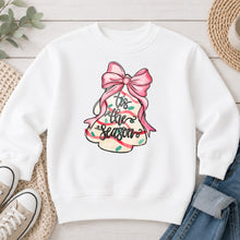 Load image into Gallery viewer, Tis The Season Tree Bell Christmas design on White crewneck sweatshirt