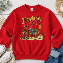 Load image into Gallery viewer, Tonight We Ride Journey to Bethlehem Faith design on Red crewneck sweatshirt