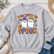 Load image into Gallery viewer, Too Cute To Spook Ghosts Halloween design on Ash Grey crewneck sweatshirt