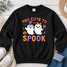 Load image into Gallery viewer, Too Cute To Spook Ghosts Halloween design on Black crewneck sweatshirt