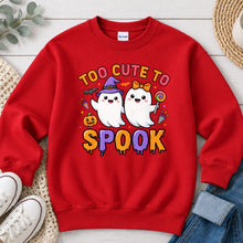 Load image into Gallery viewer, Too Cute To Spook Ghosts Halloween design on Red crewneck sweatshirt