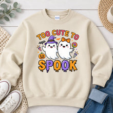 Load image into Gallery viewer, Too Cute To Spook Ghosts Halloween design on Sand crewneck sweatshirt