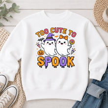 Load image into Gallery viewer, Too Cute To Spook Ghosts Halloween design on White crewneck sweatshirt