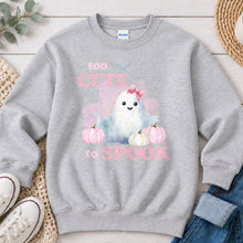 Load image into Gallery viewer, Too Cute To Spook Pink Ghost Halloween design on Ash Grey crewneck sweatshirt