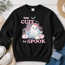 Load image into Gallery viewer, Too Cute To Spook Pink Ghost Halloween design on Black crewneck sweatshirt