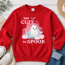 Load image into Gallery viewer, Too Cute To Spook Pink Ghost Halloween design on Red crewneck sweatshirt