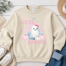 Load image into Gallery viewer, Too Cute To Spook Pink Ghost Halloween design on Sand crewneck sweatshirt