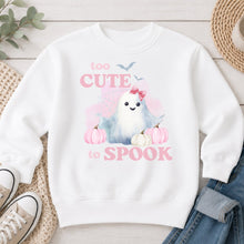 Load image into Gallery viewer, Too Cute To Spook Pink Ghost Halloween design on White crewneck sweatshirt